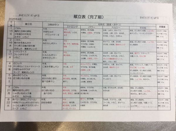 ☆4月献立（離乳食完了期）☆