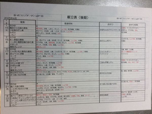 ☆4月献立（離乳食後期）☆